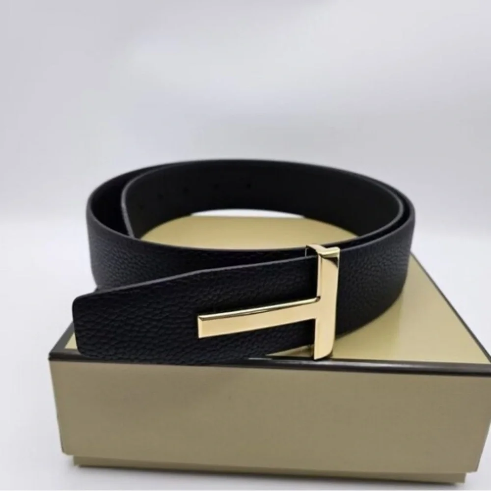 Tom Ford Black Leather Belt with Gold Buckle